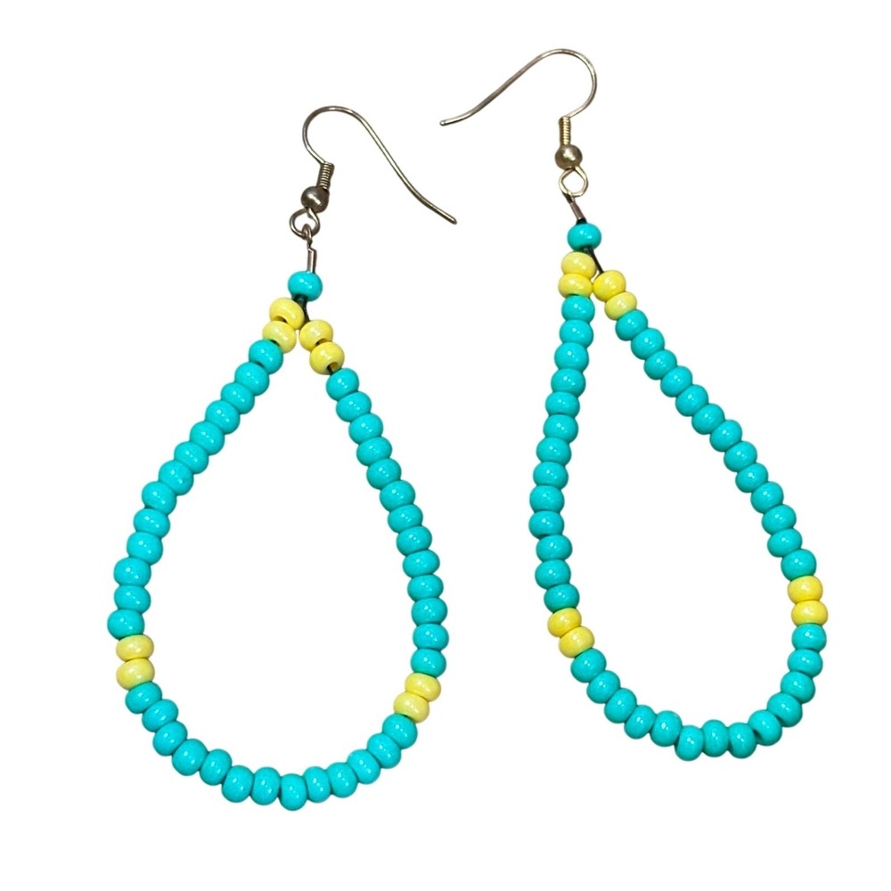 Handcrafted Beaded Teardrop Dangle Earrings Turquoise Blue Yellow Boho‎ Hoop